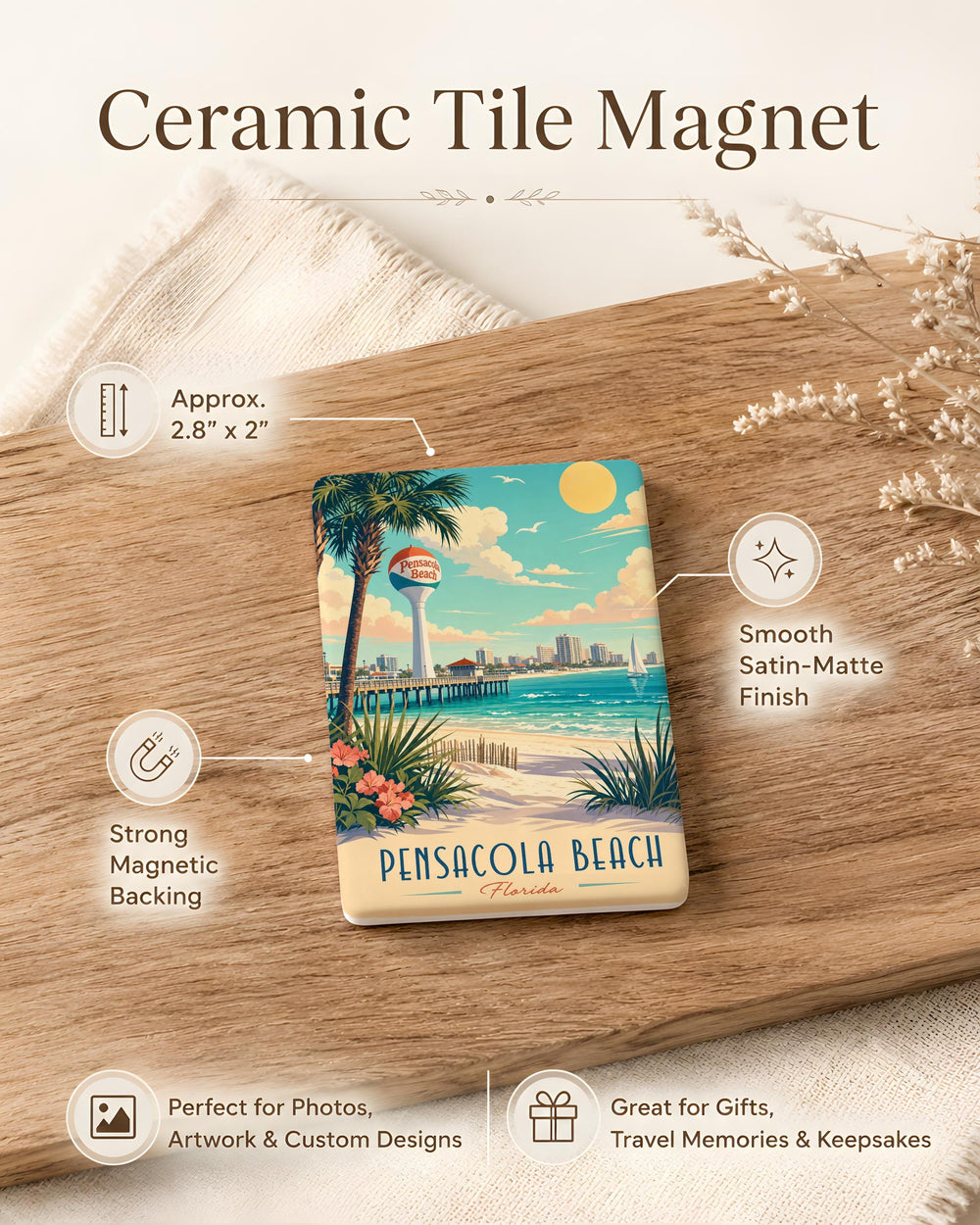 Pensacola Beach Fridge Magnet, Florida Gulf Coast Souvenir Magnet, Beach Vacation Travel Keepsake, Coastal Decor Magnet
