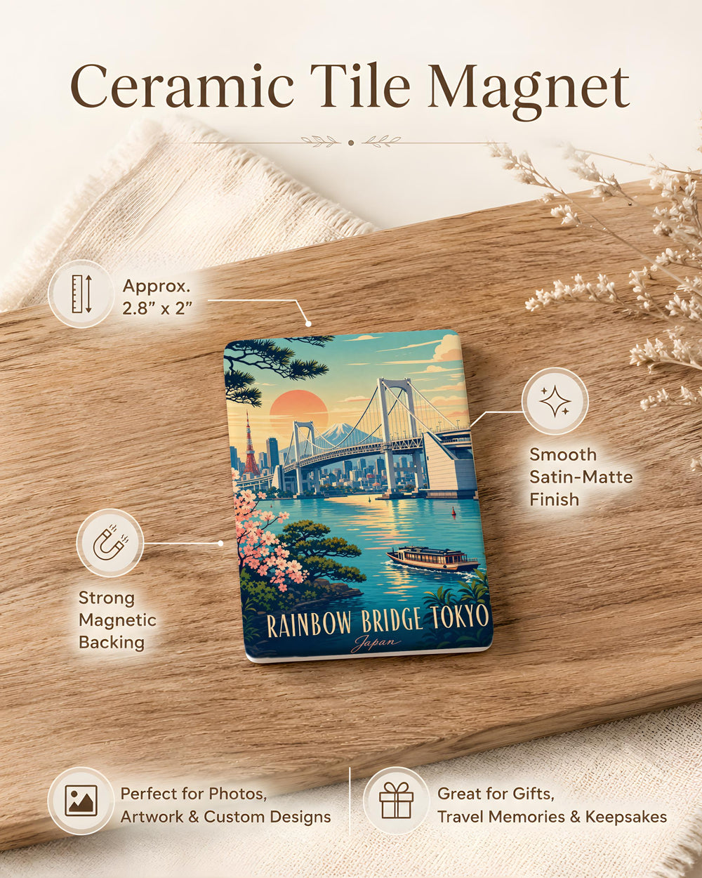 Rainbow Bridge Tokyo Fridge Magnet, Tokyo Landmark Souvenir Magnet, Japan Travel Gift, Tokyo Bay Bridge Magnet