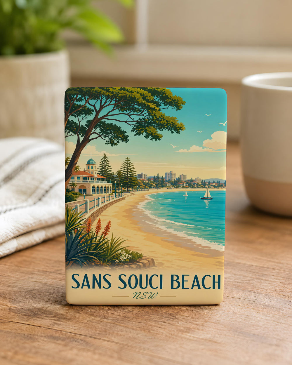 Sans Souci Beach Fridge Magnet, Tropical Beach Scene Souvenir Magnet, Coastal Vacation Keepsake Magnet