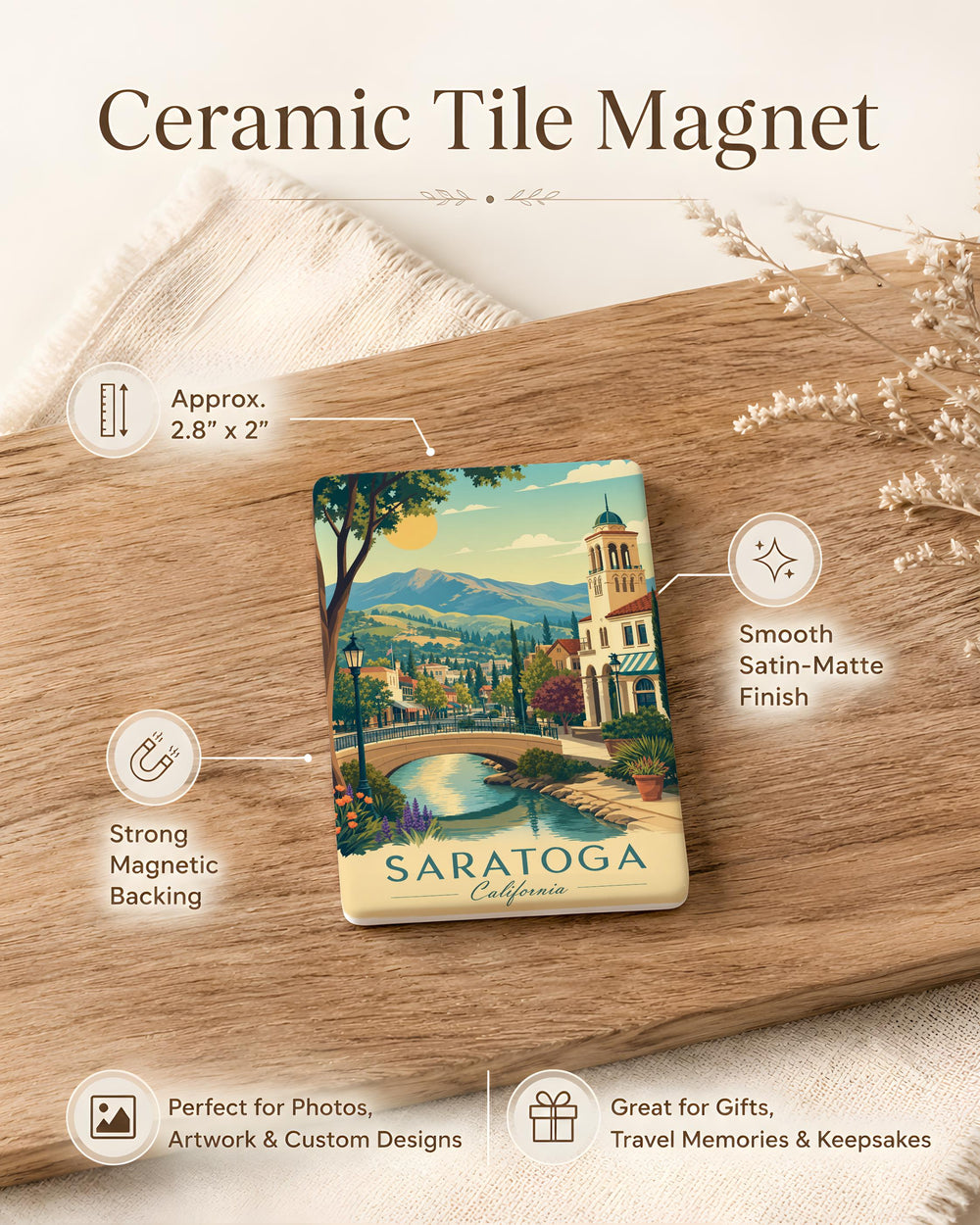 Saratoga CA Fridge Magnet, Saratoga California Souvenir Magnet, Bay Area Travel Keepsake, City Landmark Gift
