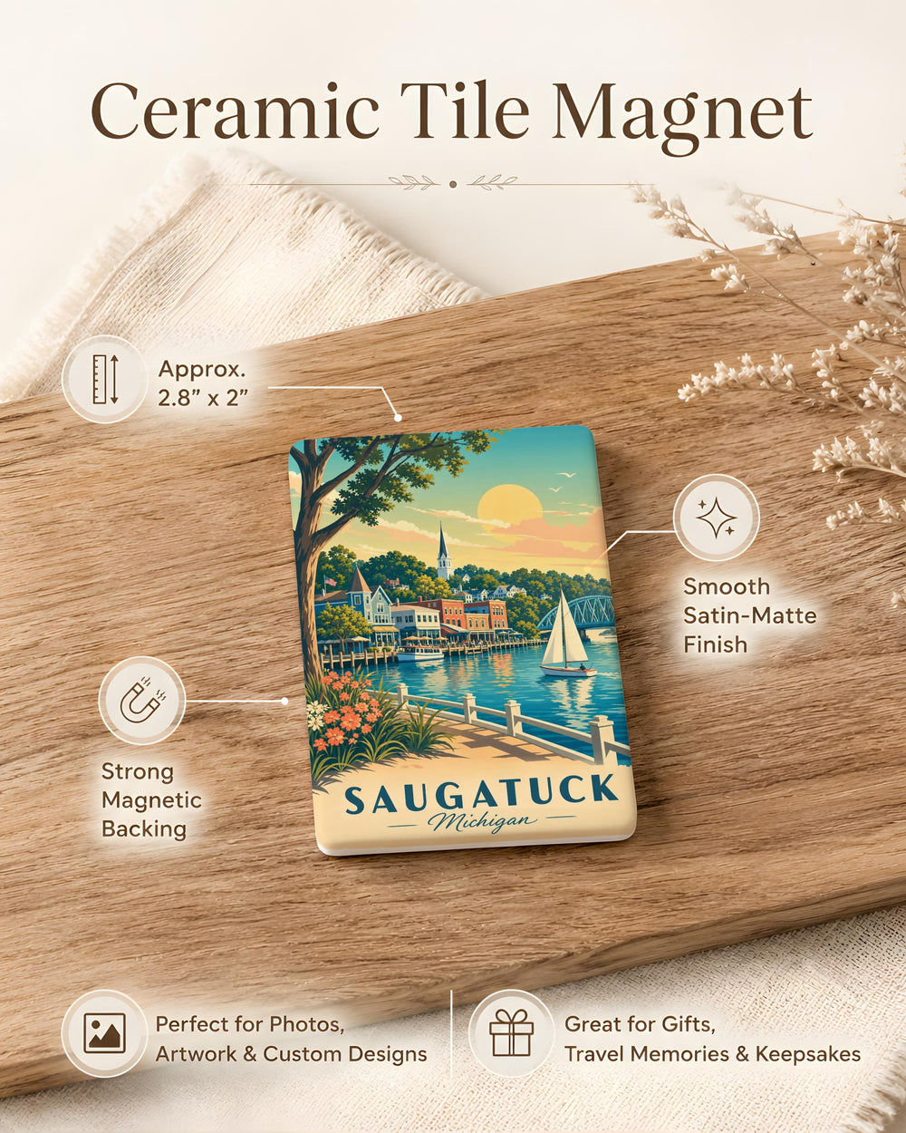 Saugatuck Michigan Fridge Magnet, Saugatuck MI Souvenir Magnet, Michigan Travel Gift, Great Lakes Vacation Keepsake Magnet