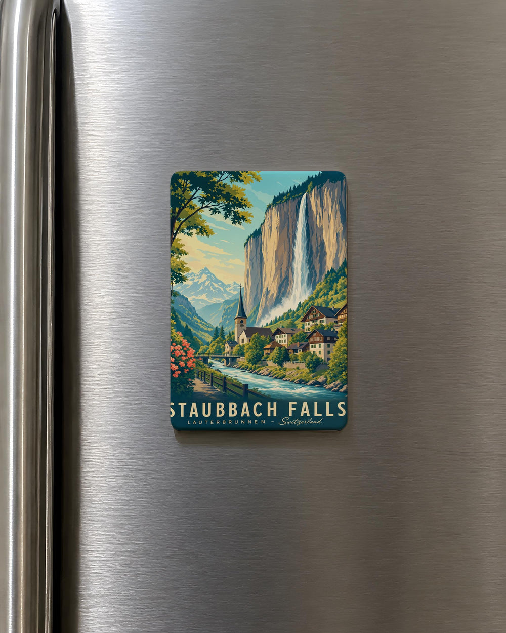 Staubbach Falls Fridge Magnet, Lauterbrunnen Valley Switzerland Waterfall Souvenir, Alpine Travel Landmark Magnet