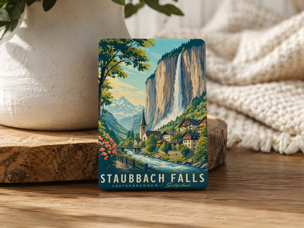 Staubbach Falls Fridge Magnet, Lauterbrunnen Valley Switzerland Waterfall Souvenir, Alpine Travel Landmark Magnet