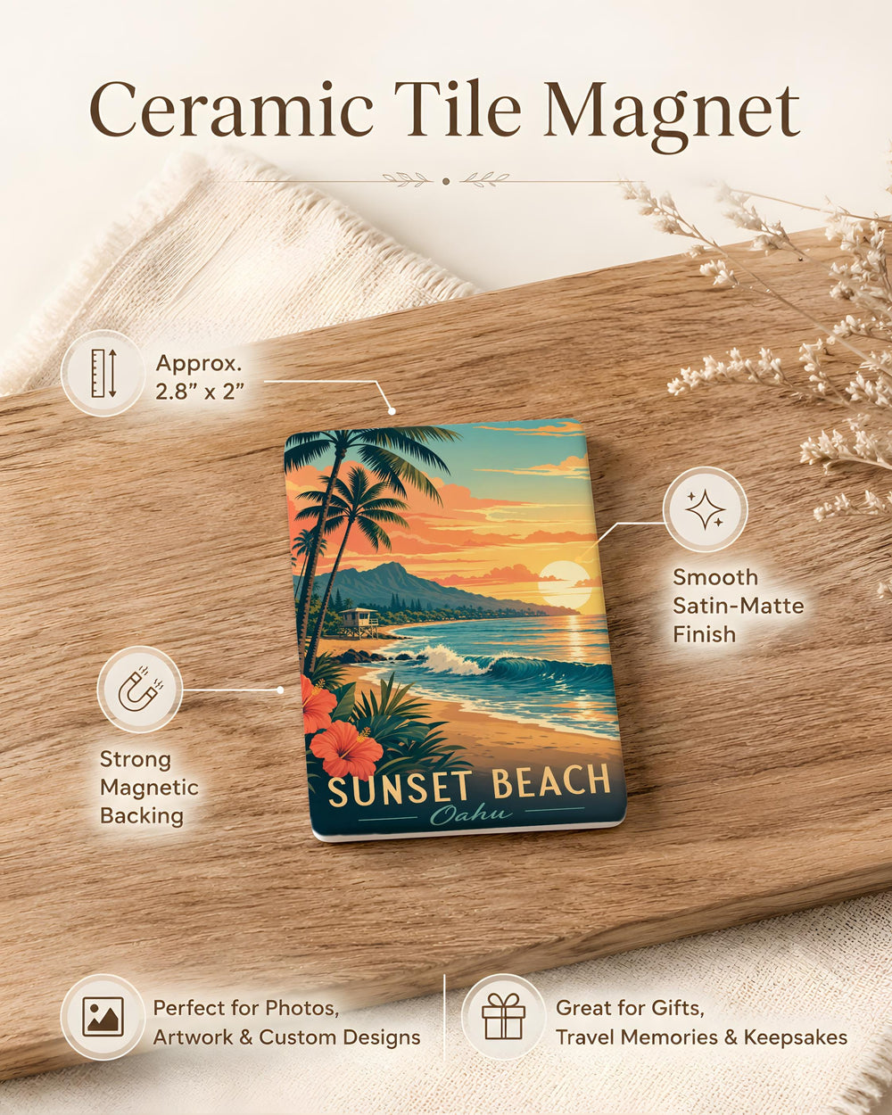 Oahu Sunset Beach Fridge Magnet, Hawaii Island Coastal Shoreline Souvenir Magnet, Ocean Waves Beach Scene Magnet