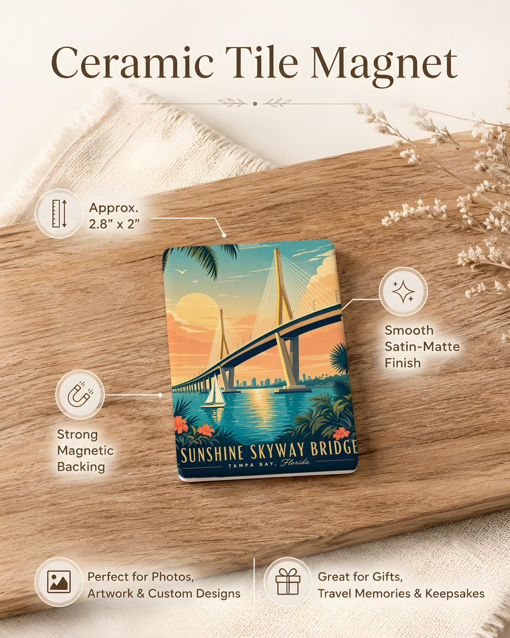 Sunshine Skyway Bridge Fridge Magnet, Florida Bridge Souvenir Magnet, Tampa Bay Landmark Travel Keepsake Magnet