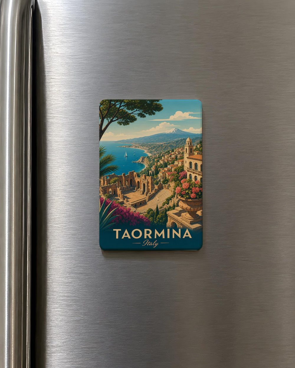 Taormina Italy Fridge Magnet, Sicilian Coastal Town Souvenir, Taormina Travel Gift, Italy Vacation Keepsake Magnet