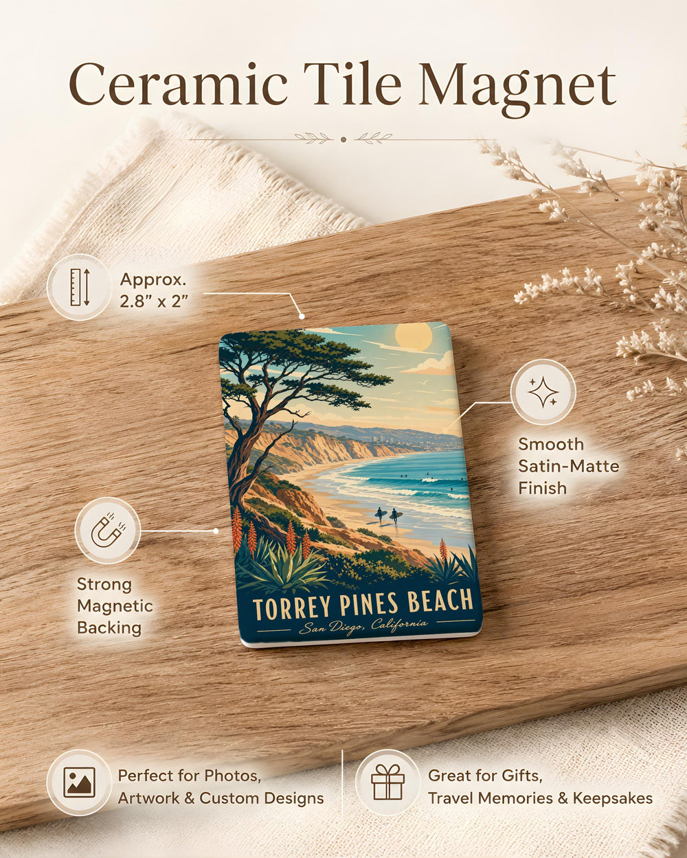 Torrey Pines Beach Fridge Magnet, San Diego California Coastal Souvenir, Ocean Shoreline Travel Keepsake Magnet