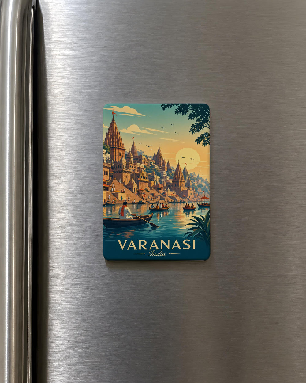 Varanasi India Fridge Magnet, Ganges River Ghats, Hindu Temples, Boats on the River, Indian City Souvenir Magnet