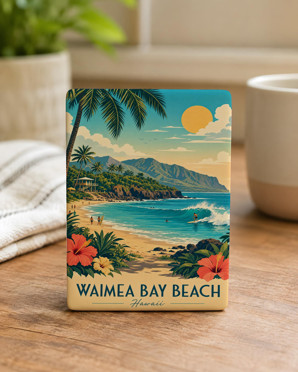 Waimea Bay Beach Fridge Magnet, North Shore Oahu Hawaii Coastal Beach Scene Souvenir Magnet, Tropical Ocean Shoreline Gift