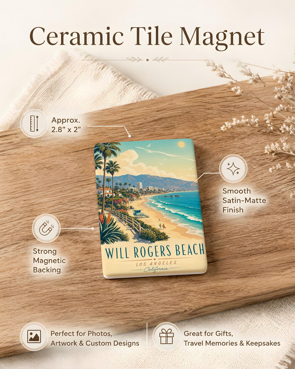 Will Rogers Beach Fridge Magnet, California Beach Souvenir, Santa Monica Bay Coastal Landmark Magnet, Oceanfront Travel Gift