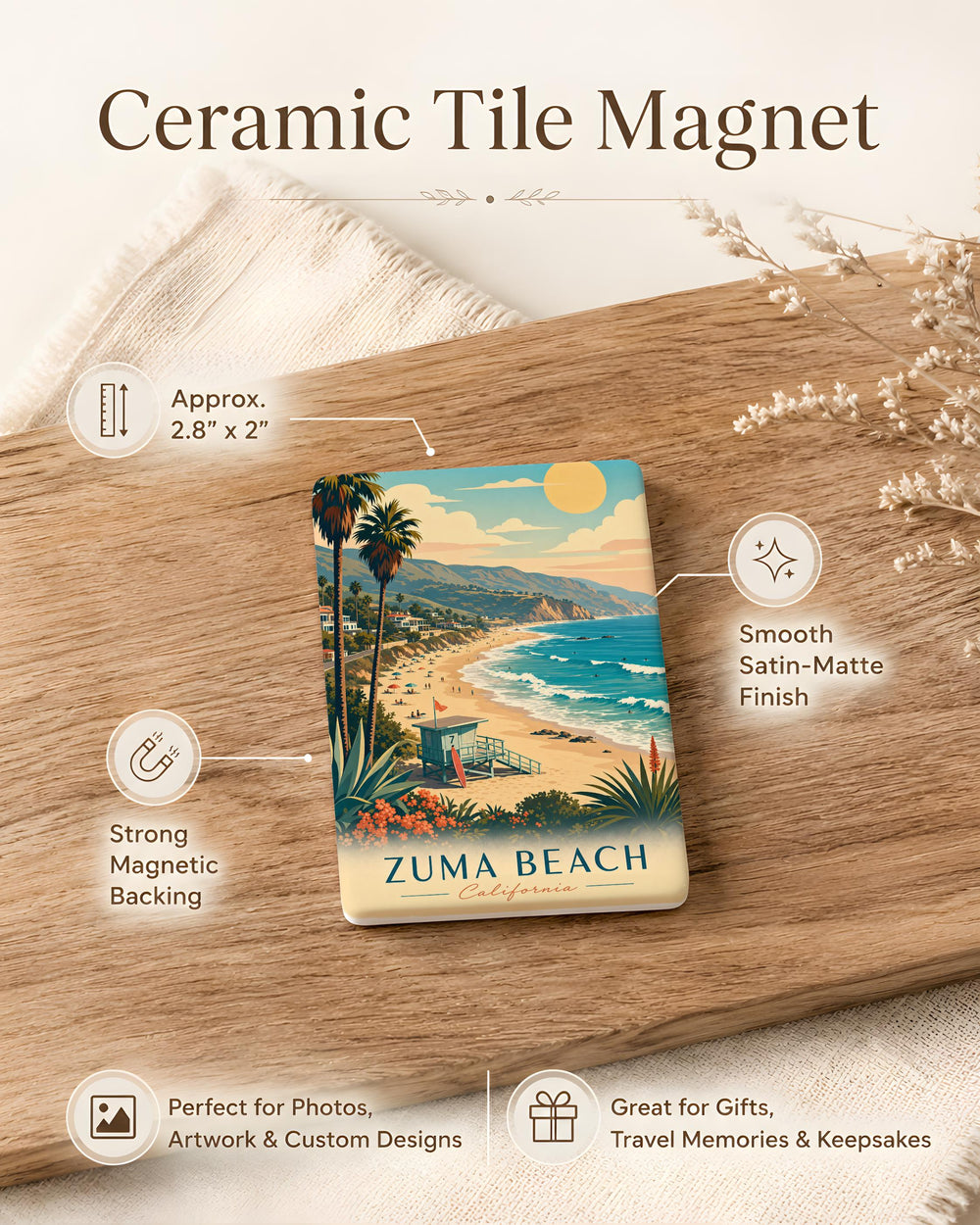 Zuma Beach Fridge Magnet, Malibu California Beach Souvenir, Ocean Waves Coastal Landmark Keepsake Magnet