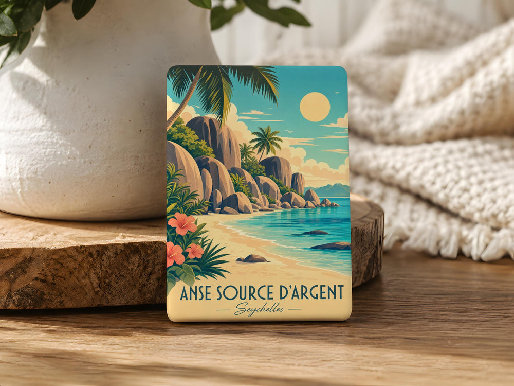 Anse Source d’Argent Fridge Magnet, Seychelles Beach Granite Boulders Palm Trees Tropical Island Souvenir Magnet