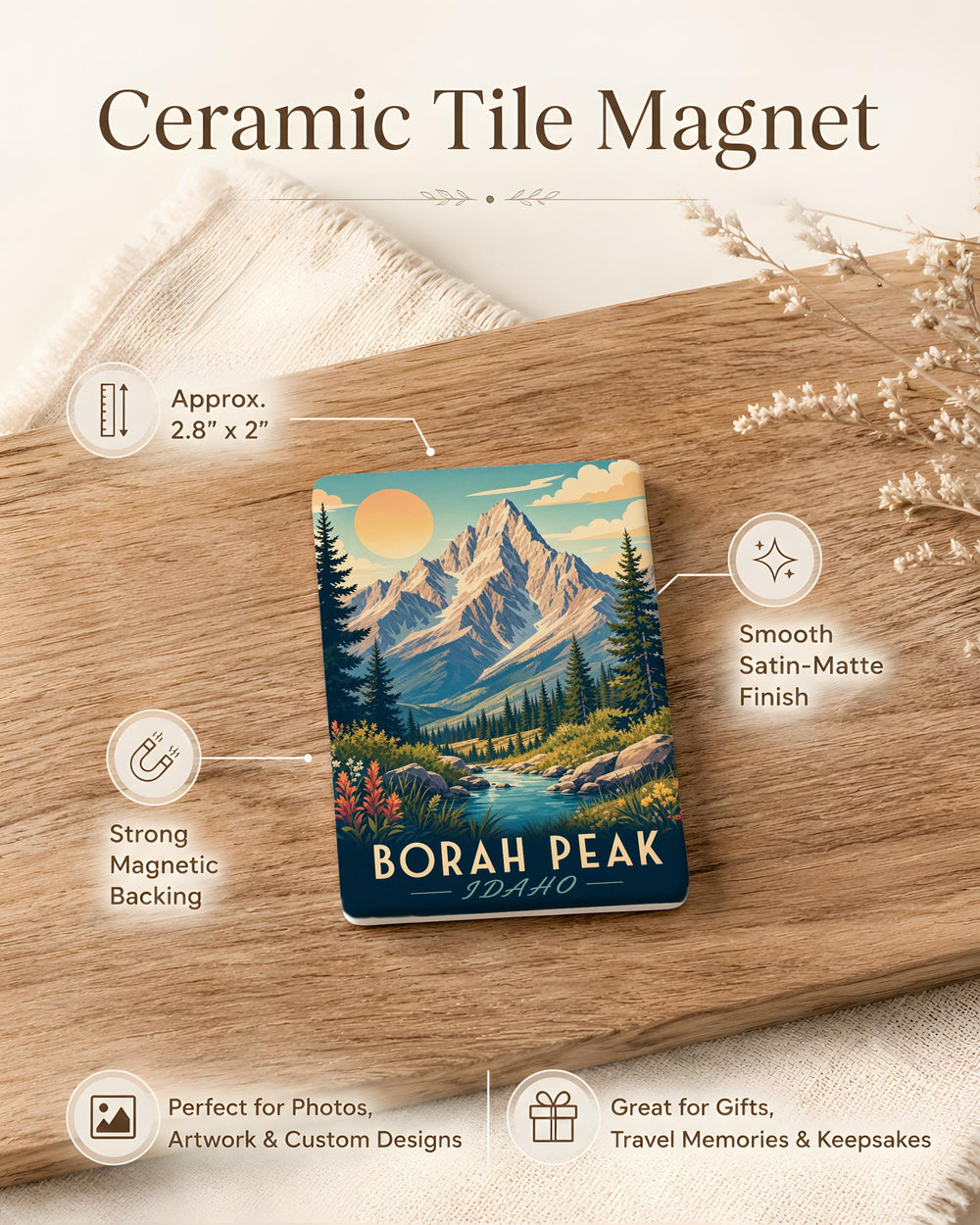Borah Peak Idaho Fridge Magnet, Borah Peak Mountain Souvenir Magnet, Idaho Landmark Travel Keepsake Magnet
