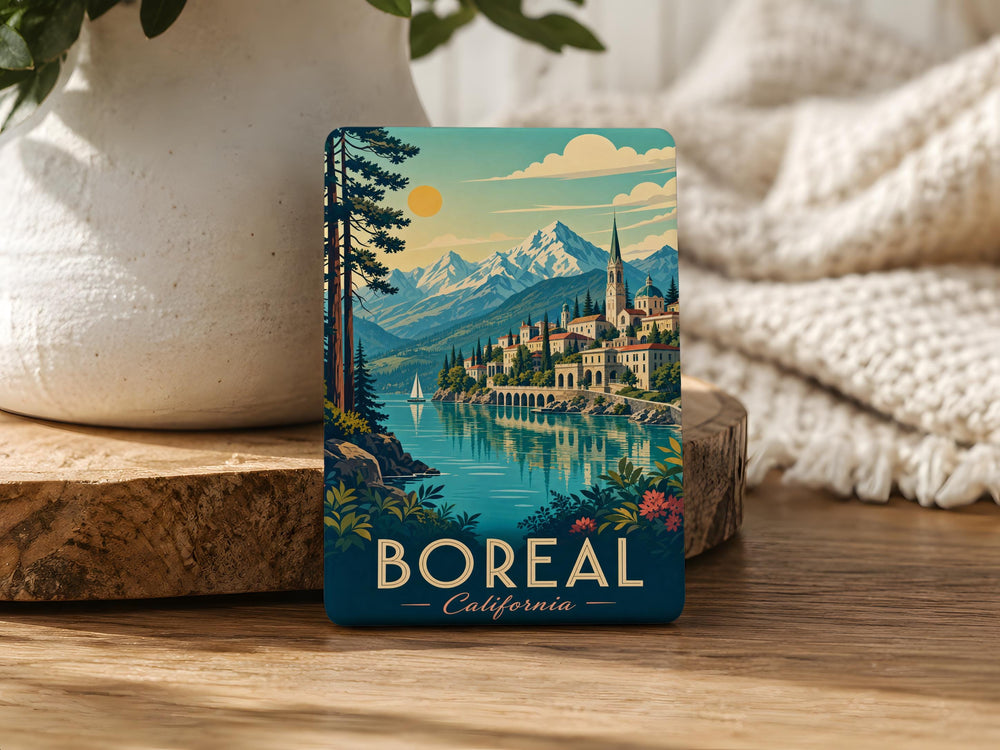 Boreal Forest Fridge Magnet, Northern Pines Wilderness Nature Scene Magnet, Rustic Cabin & Aurora Refrigerator Magnet