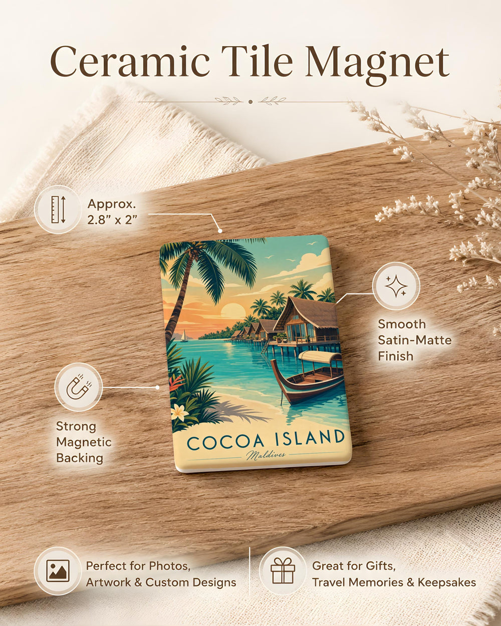Cocoa Island Fridge Magnet, Tropical Island Beach Scene Magnet, Palm Trees Ocean Getaway Souvenir Magnet