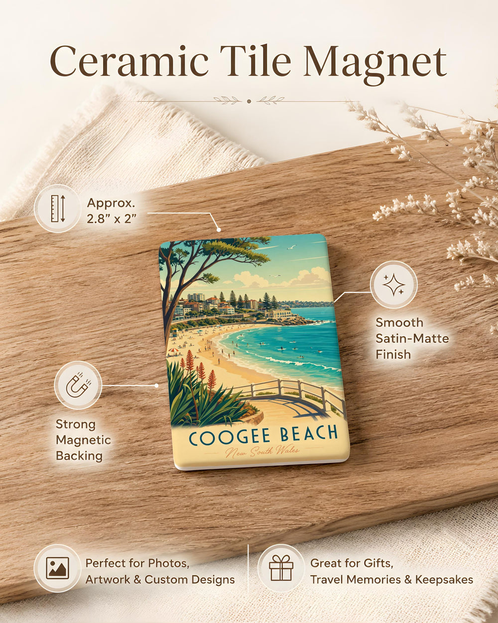 Coogee Beach Fridge Magnet, Sydney Australia Coastal Seaside Landmark Souvenir, Ocean Beach Scene Travel Gift