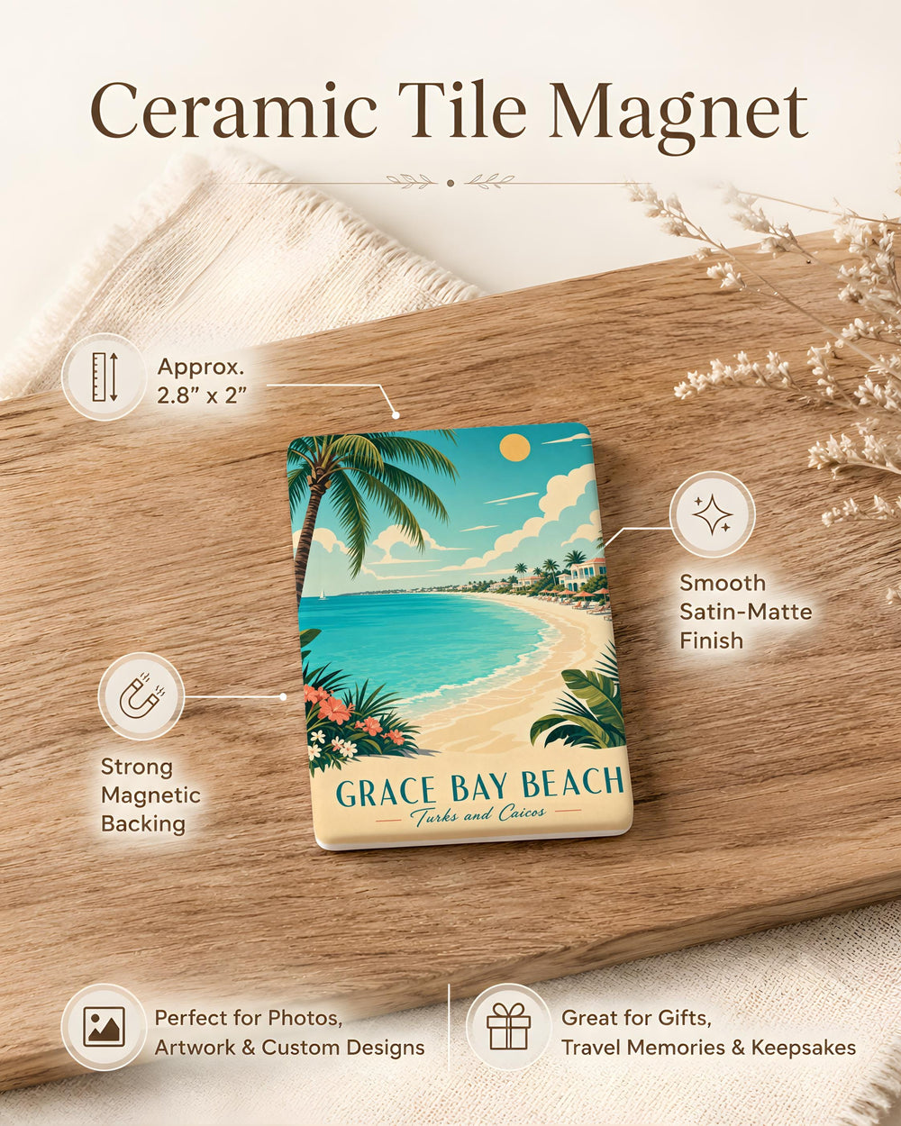 Grace Bay Beach Fridge Magnet, Turks and Caicos Souvenir Magnet, Coastal Beach Vacation Keepsake Magnet