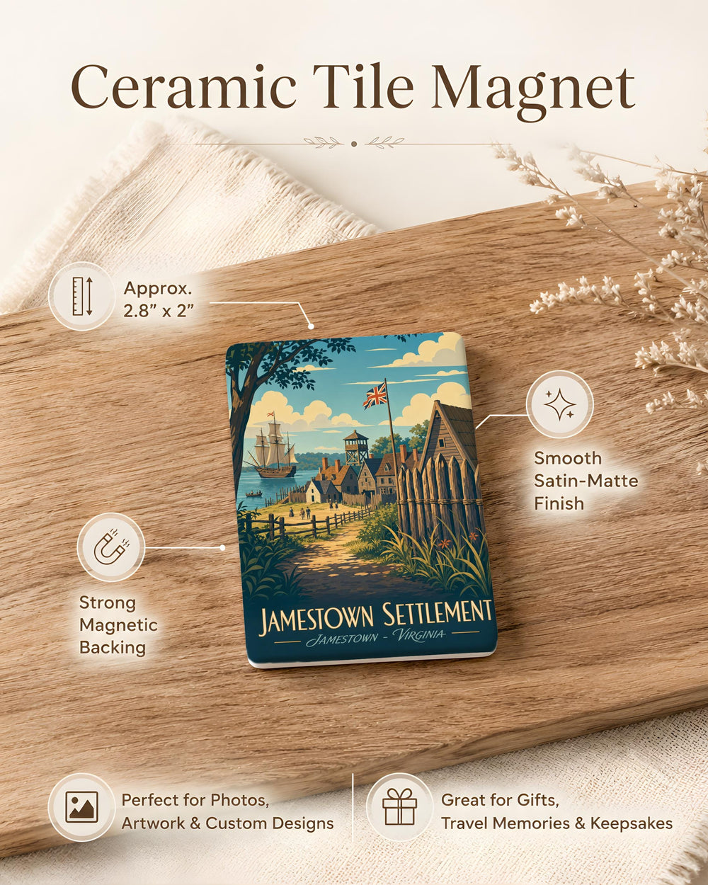 Jamestown Settlement Fridge Magnet, Historic Virginia Colony Souvenir, Early American History Landmark Magnet