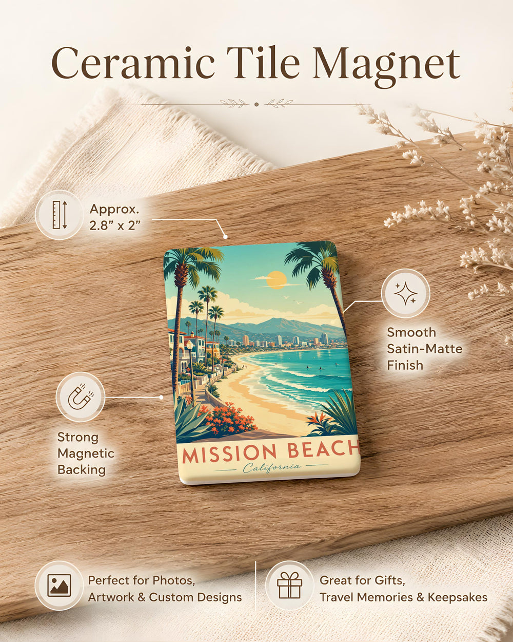 Mission Beach Fridge Magnet, San Diego California Beach Souvenir, Coastal Vacation Travel Keepsake, Oceanfront Landmark Gift