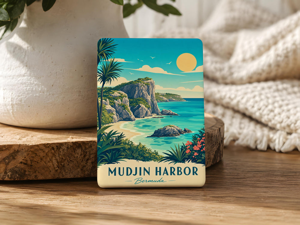 Mudjin Harbor Fridge Magnet, Coastal Harbor Scene Souvenir Magnet, Seaside Port Landmark Kitchen Magnet Gift