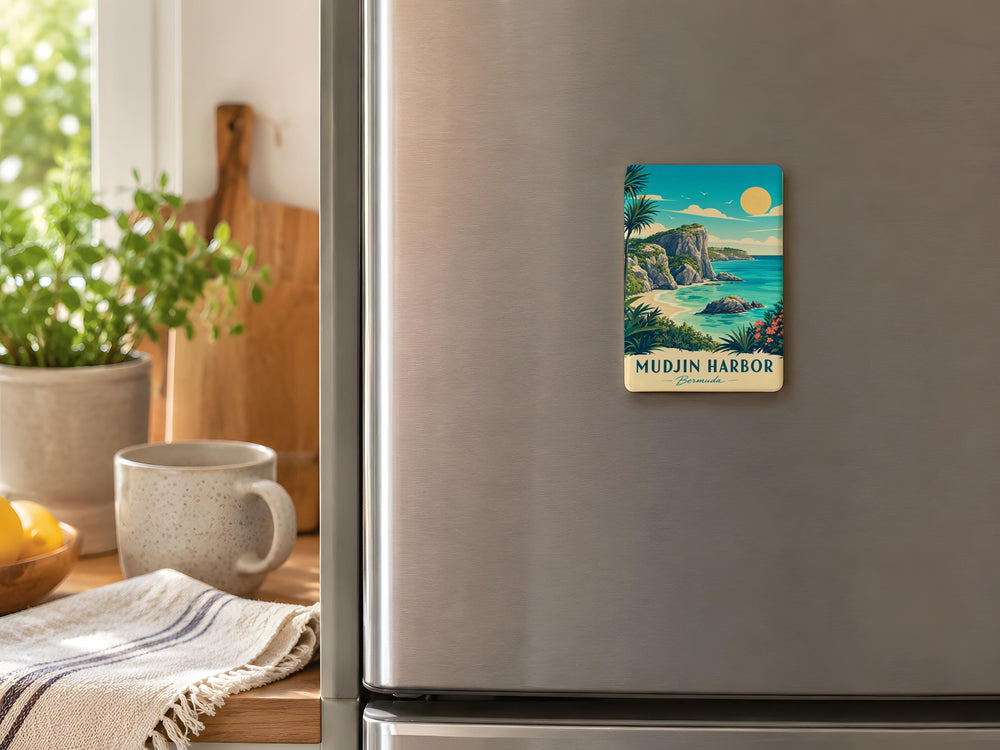 Mudjin Harbor Fridge Magnet, Coastal Harbor Scene Souvenir Magnet, Seaside Port Landmark Kitchen Magnet Gift