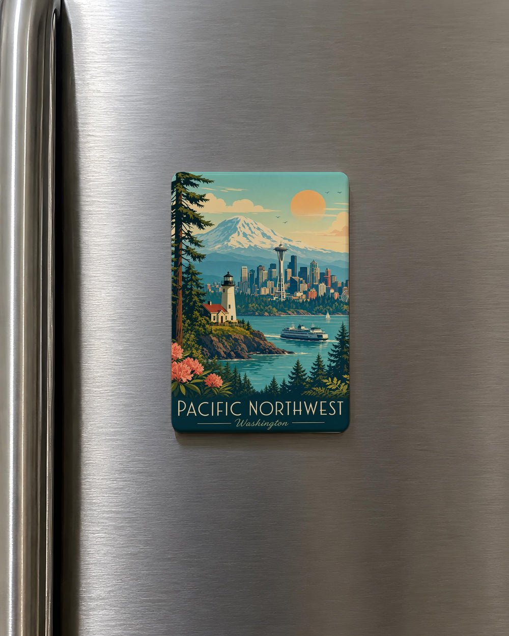 Pacific Northwest Fridge Magnet, PNW Mountains Forest Evergreen Trees Coastal Landscape Souvenir Magnet Gift