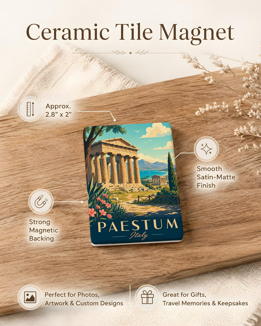 Paestum Italy Fridge Magnet, Ancient Greek Temple Ruins Souvenir Magnet, Paestum Archaeological Site Travel Gift