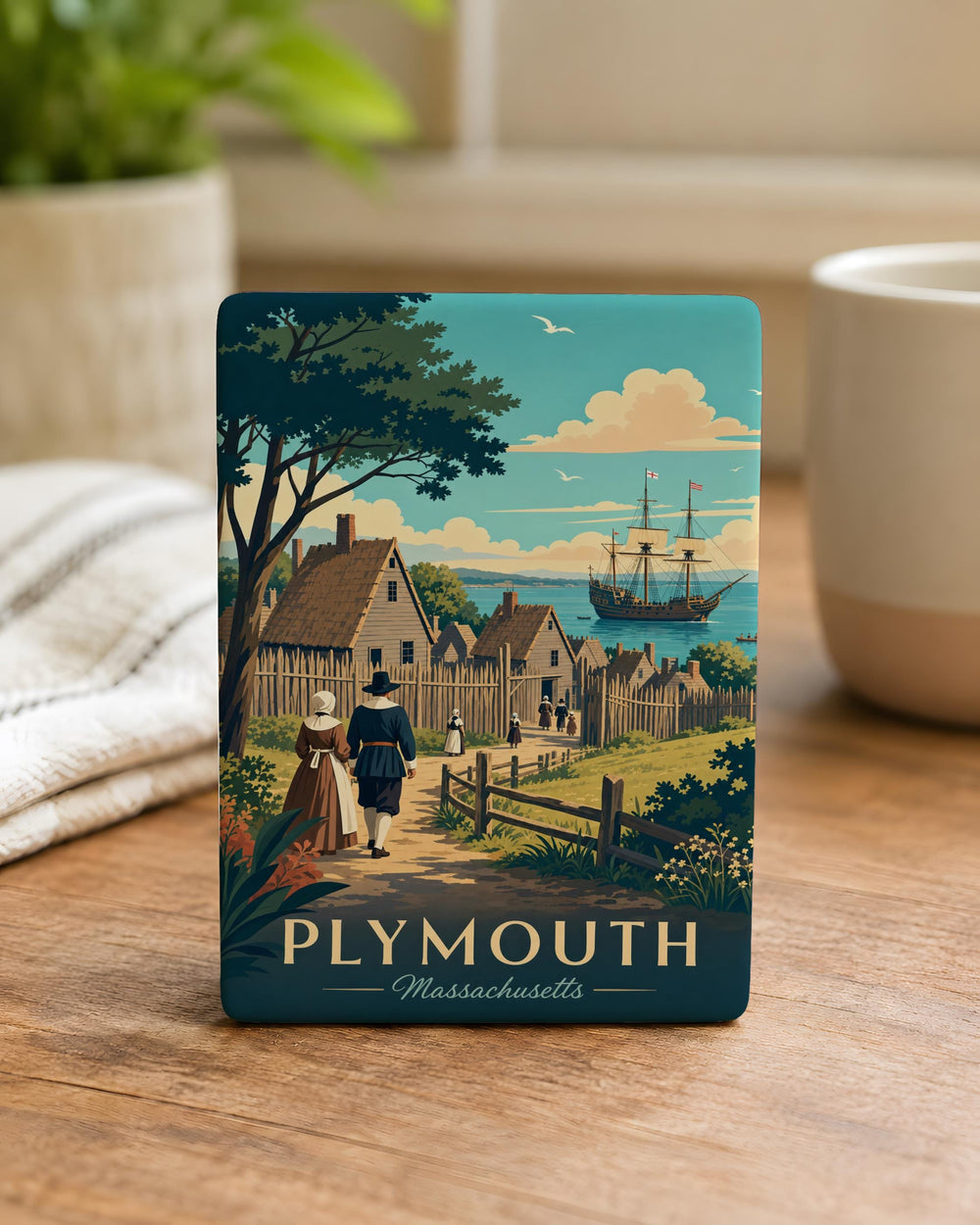 Plymouth Plantation Fridge Magnet, Colonial America Historic Settlement Souvenir Magnet, Pilgrims & Mayflower Theme Magnet