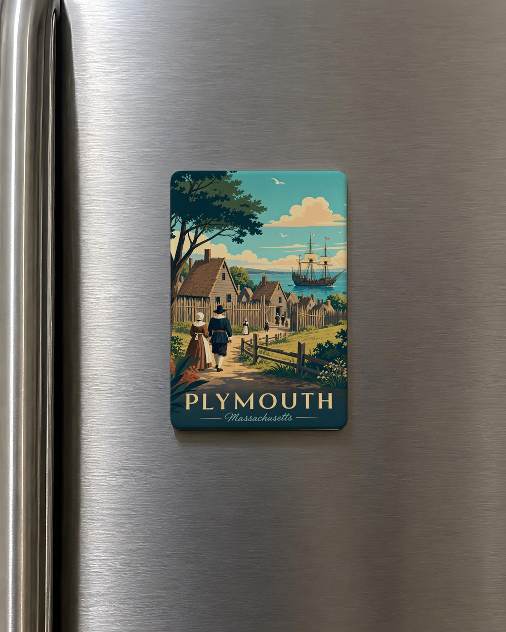 Plymouth Plantation Fridge Magnet, Colonial America Historic Settlement Souvenir Magnet, Pilgrims & Mayflower Theme Magnet