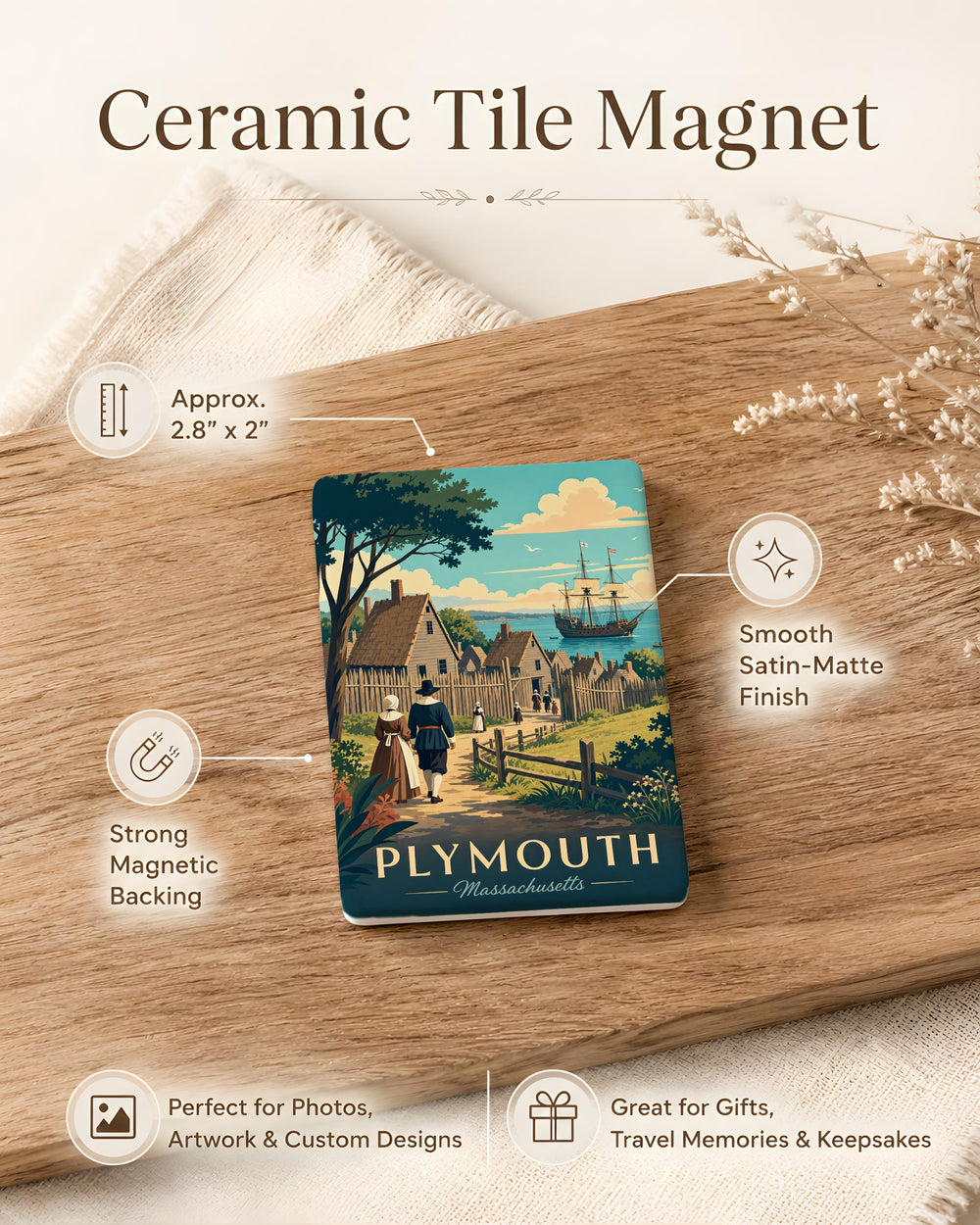 Plymouth Plantation Fridge Magnet, Colonial America Historic Settlement Souvenir Magnet, Pilgrims & Mayflower Theme Magnet