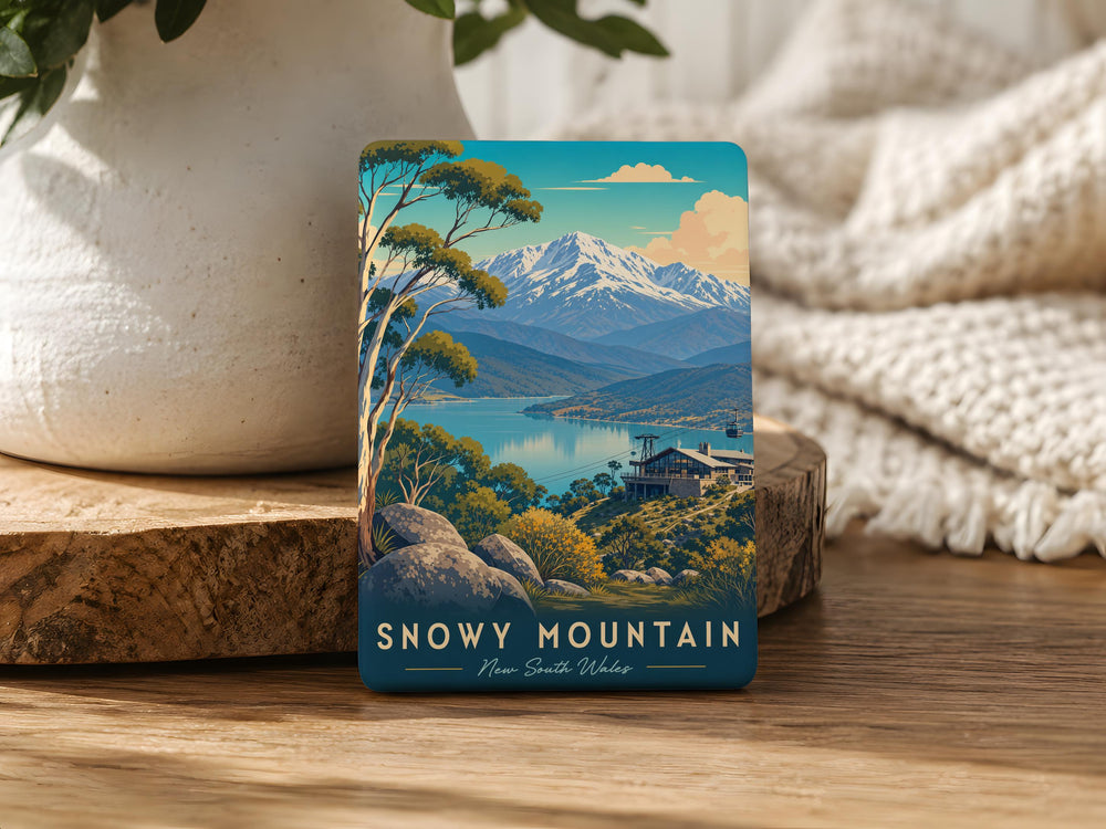 Snowy Mountain Fridge Magnet, Winter Peak Landscape Magnet, Alpine Mountain Souvenir Magnet, Cabin and Pine Trees Magnet