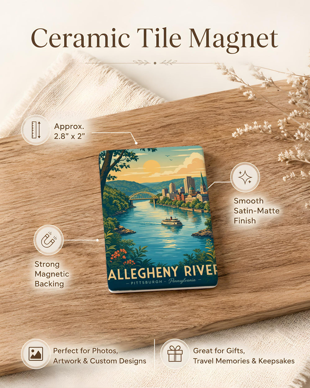 Allegheny River Fridge Magnet, Pennsylvania River Landmark Souvenir, Pittsburgh Area Travel Keepsake Magnet