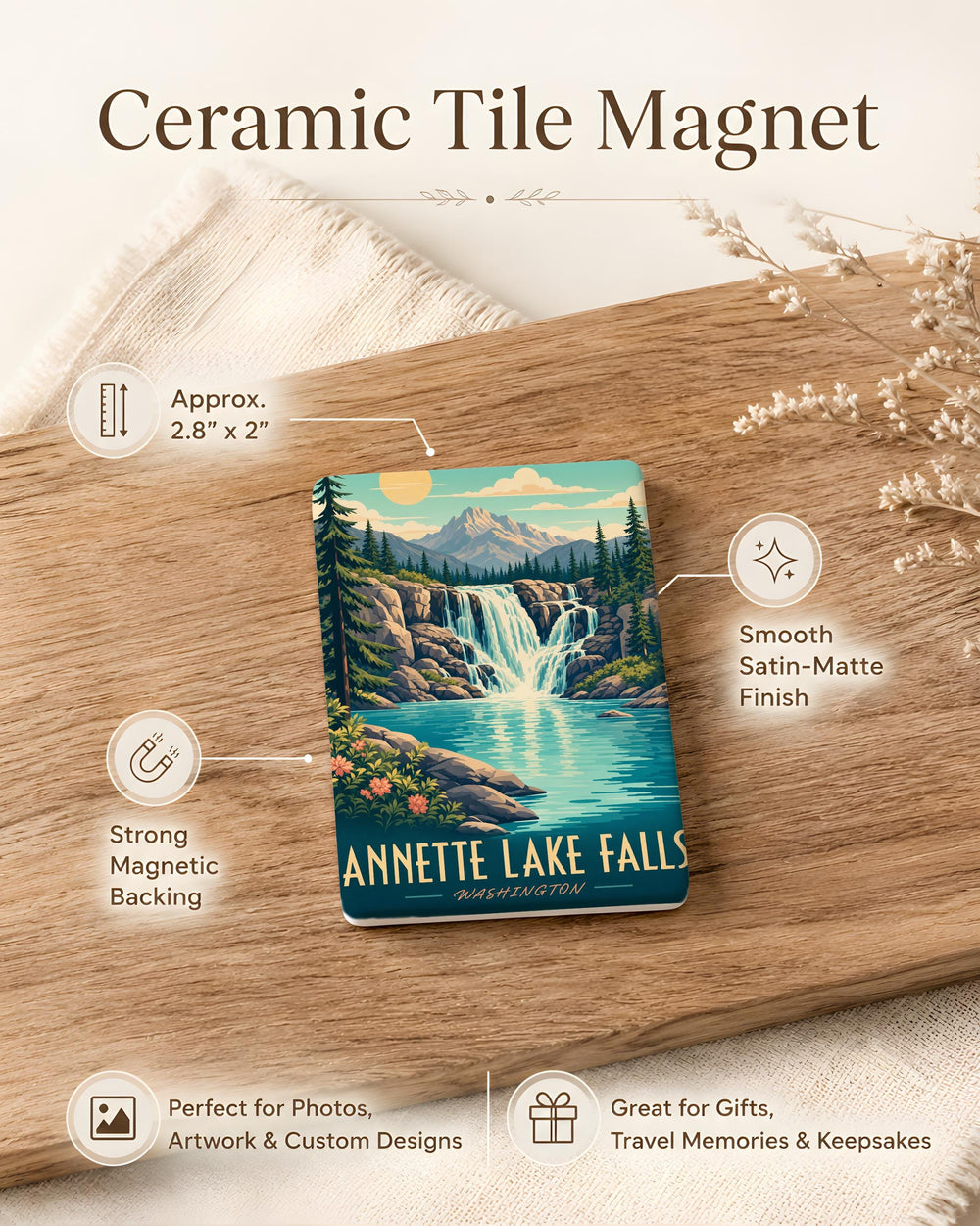 Annette Lake Falls Fridge Magnet, Waterfall Mountain Lake Scenic Souvenir Magnet, Washington Hiking Destination Magnet