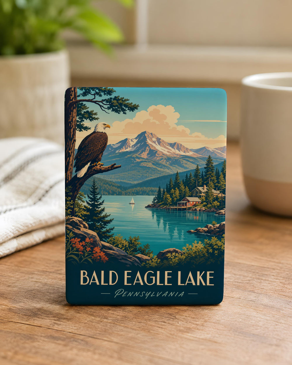 Bald Eagle Lake Fridge Magnet, Bald Eagle on Lakeside Nature Scene Magnet, Wildlife Lake Souvenir Magnet, Cabin Lake Decor Magnet