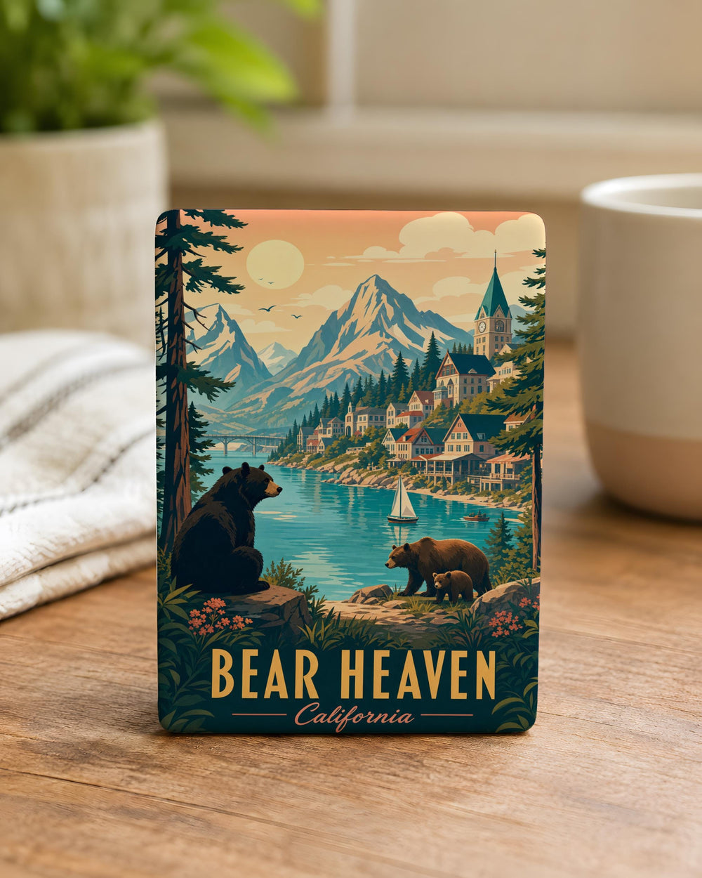 Bear Heaven Fridge Magnet, Cute Bear in Paradise Scene, Woodland Animal Gift, Nature Lover Kitchen Decor