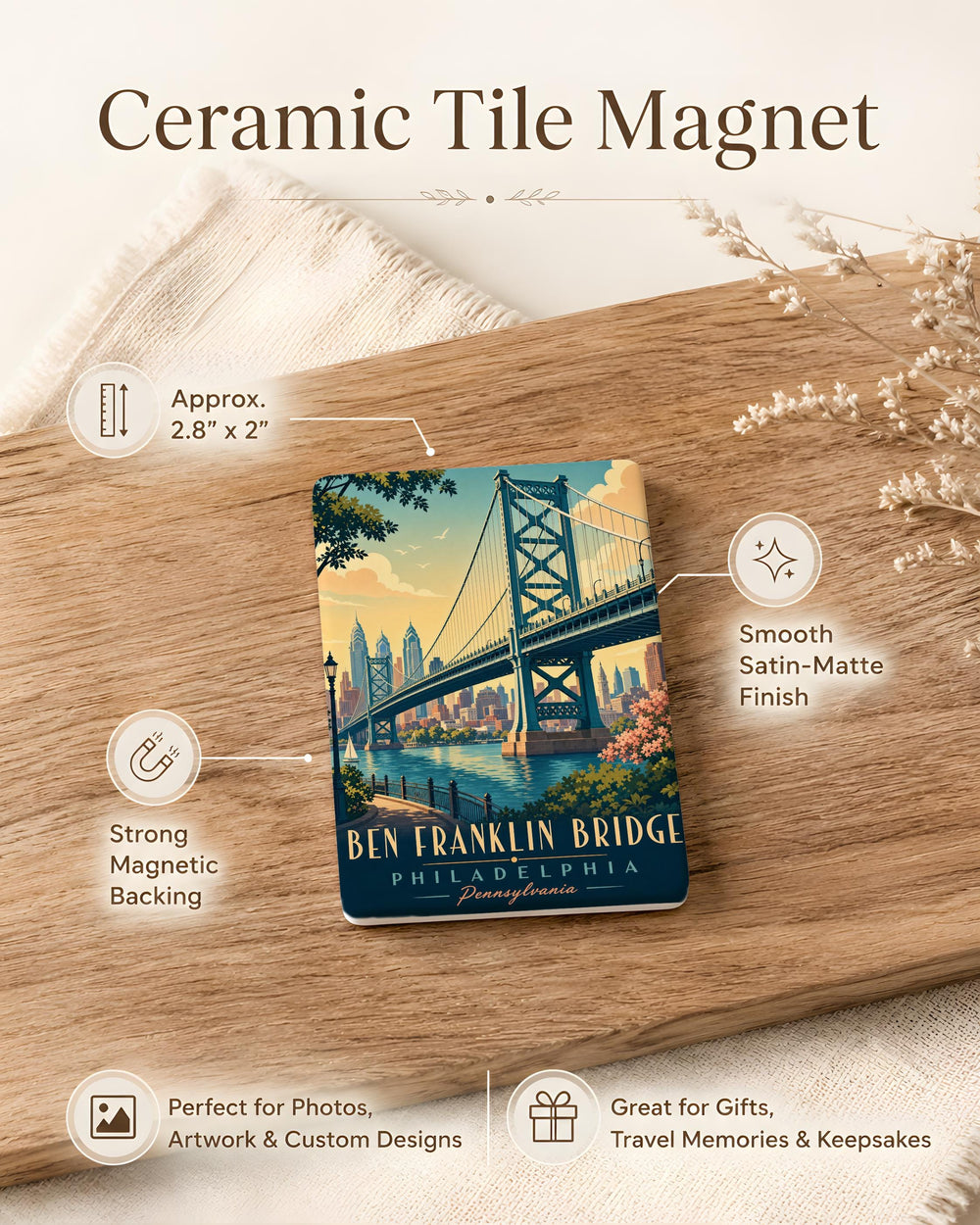 Ben Franklin Bridge Fridge Magnet, Philadelphia Delaware River Landmark Souvenir Magnet, Pennsylvania Travel Gift Magnet