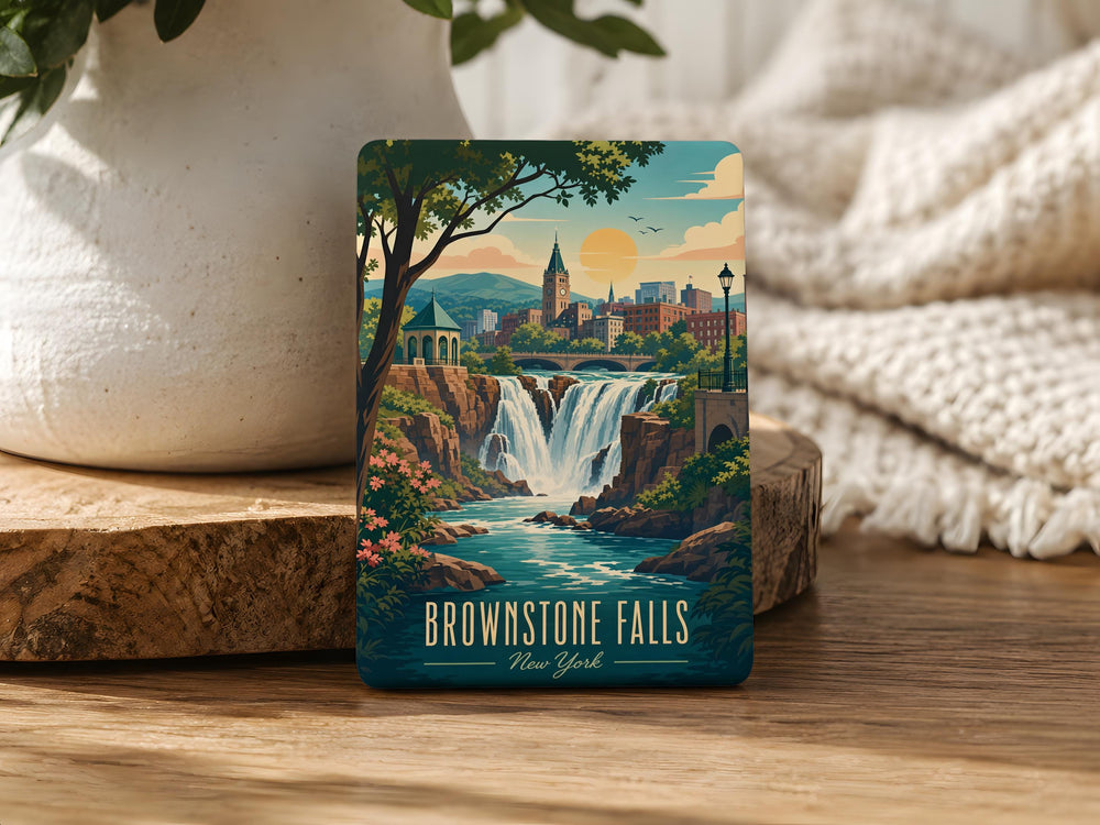 Brownstone Falls Fridge Magnet, Waterfall Nature Scene Souvenir Magnet, Scenic Travel Keepsake Kitchen Magnet