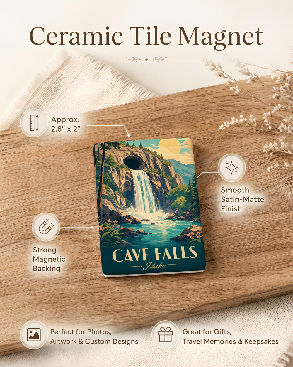 Cave Falls Fridge Magnet, Waterfall Nature Scene Souvenir Magnet, Yellowstone National Park Travel Gift