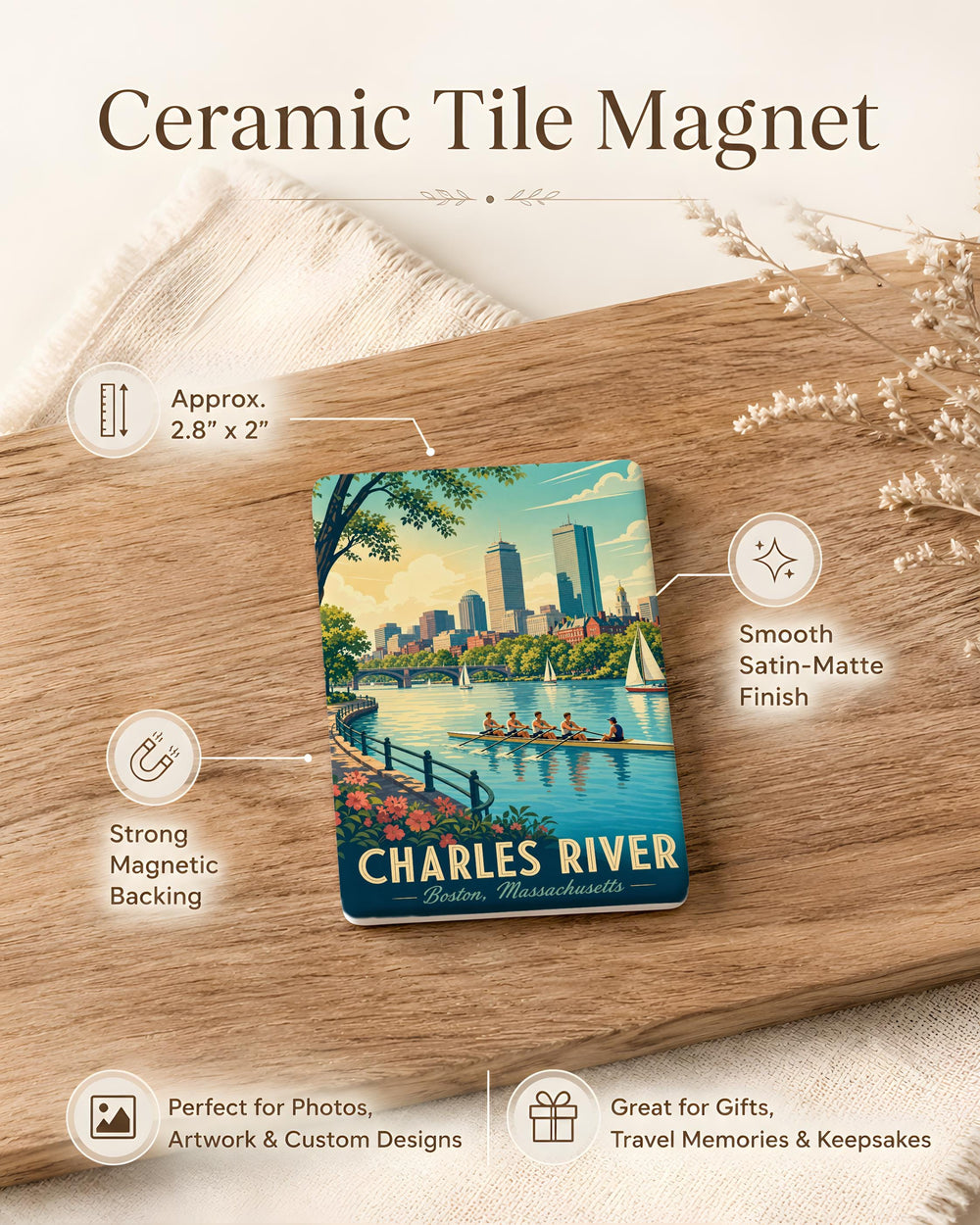 Charles River Fridge Magnet, Boston Massachusetts River Souvenir, Cambridge MA Landmark Gift, New England Travel Keepsake