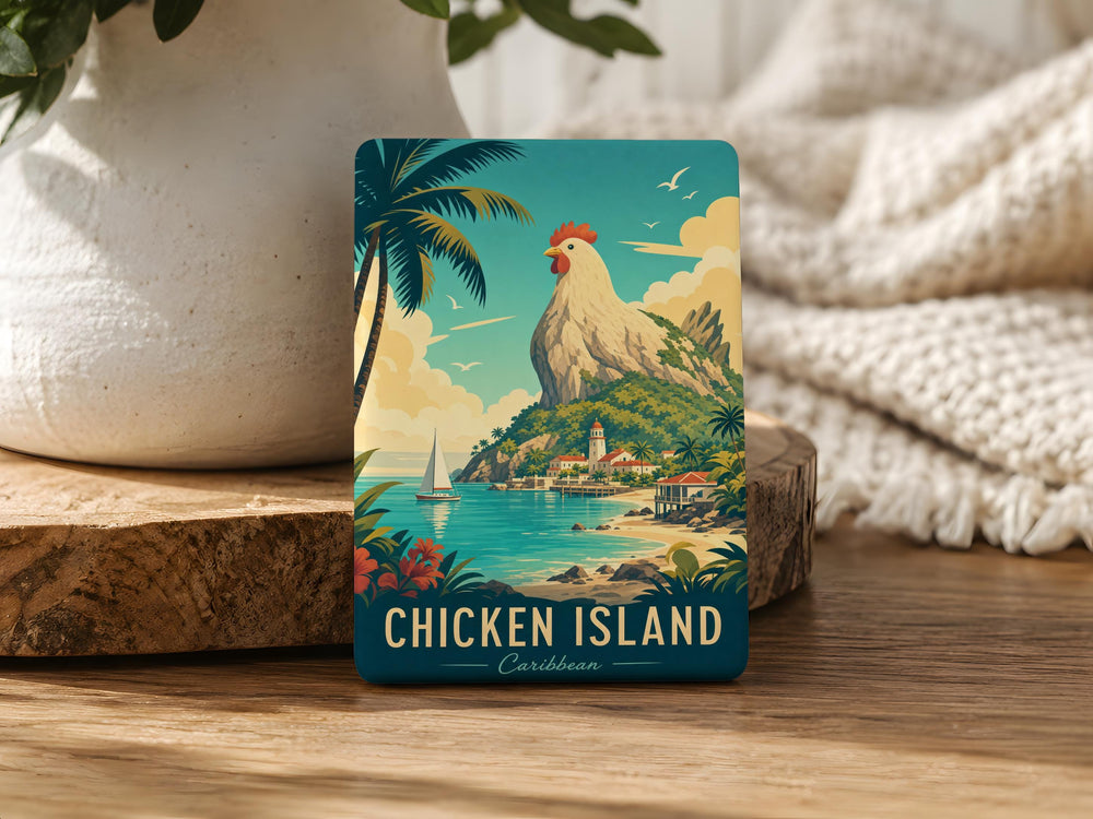Chicken Island Fridge Magnet, Island Chicken Theme, Farmyard Chicken on Island Souvenir Magnet, Kitchen Refrigerator Decor