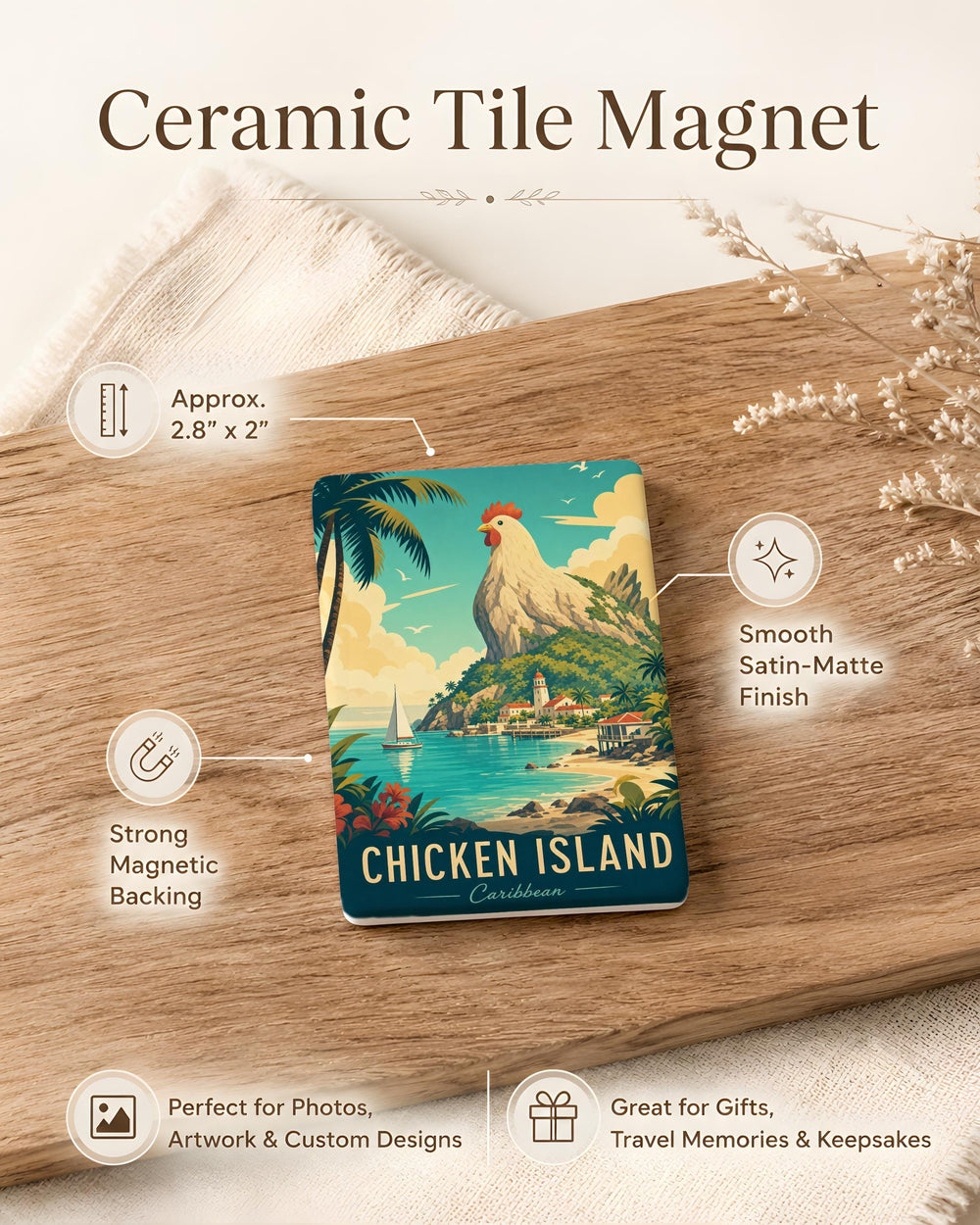 Chicken Island Fridge Magnet, Island Chicken Theme, Farmyard Chicken on Island Souvenir Magnet, Kitchen Refrigerator Decor