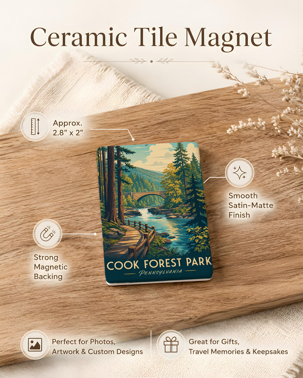 Cook Forest Park Fridge Magnet, Pennsylvania Nature Souvenir, Hiking Trails Woodland Scenery Keepsake Magnet