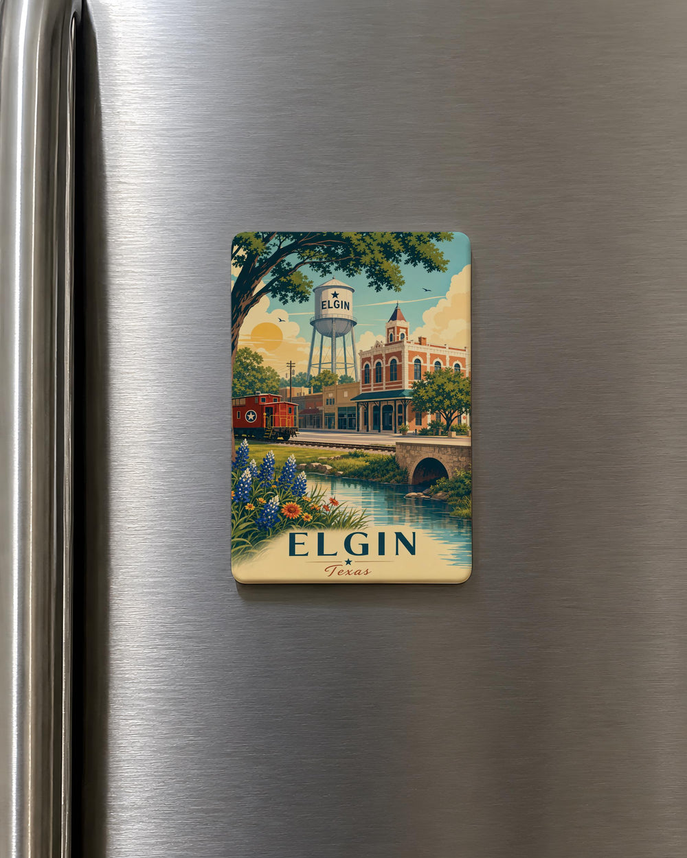 Elgin, TX Fridge Magnet, Elgin Texas Souvenir Magnet, Elgin TX Travel Keepsake, Texas Town Landmark Magnet
