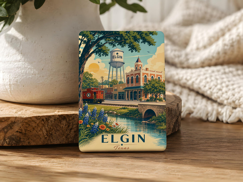 Elgin, TX Fridge Magnet, Elgin Texas Souvenir Magnet, Elgin TX Travel Keepsake, Texas Town Landmark Magnet