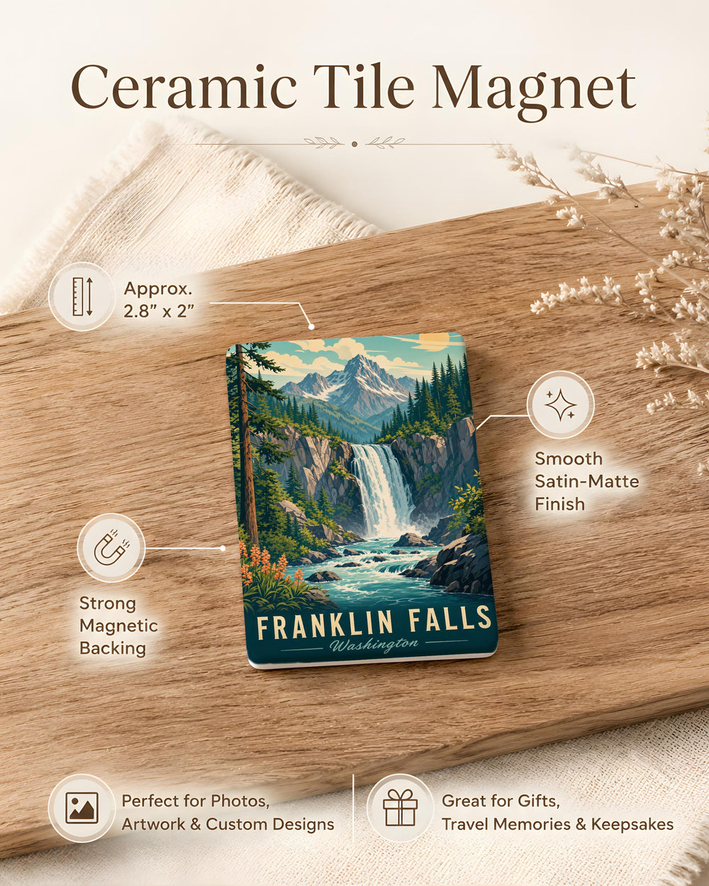 Franklin Falls Washington Fridge Magnet, Franklin Falls Waterfall Souvenir Magnet, Snoqualmie Pass Washington Travel Magnet