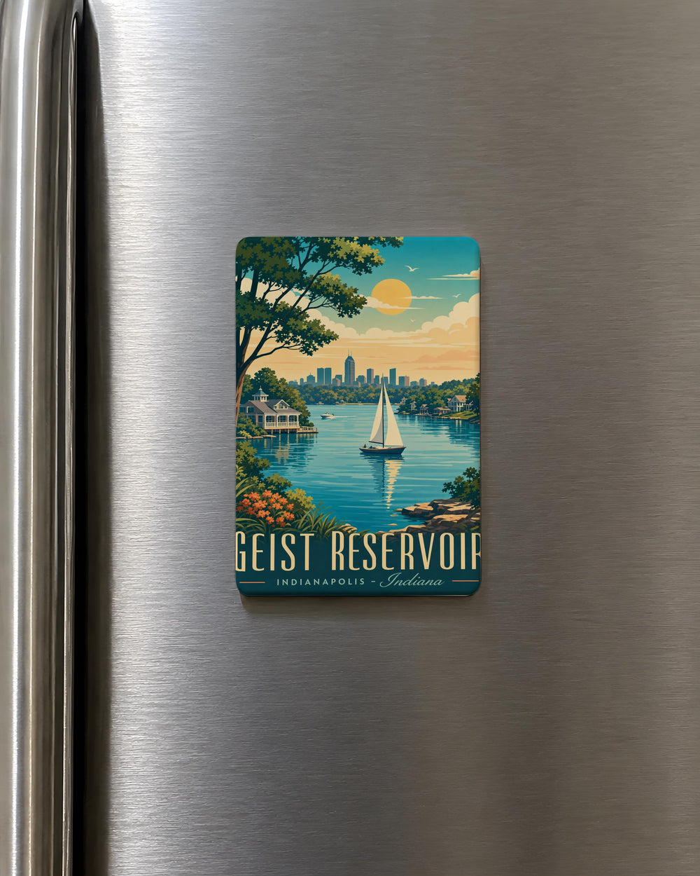 Geist Reservoir Fridge Magnet, Indiana Lake Souvenir, Scenic Water View Magnet, Travel Keepsake Refrigerator Magnet