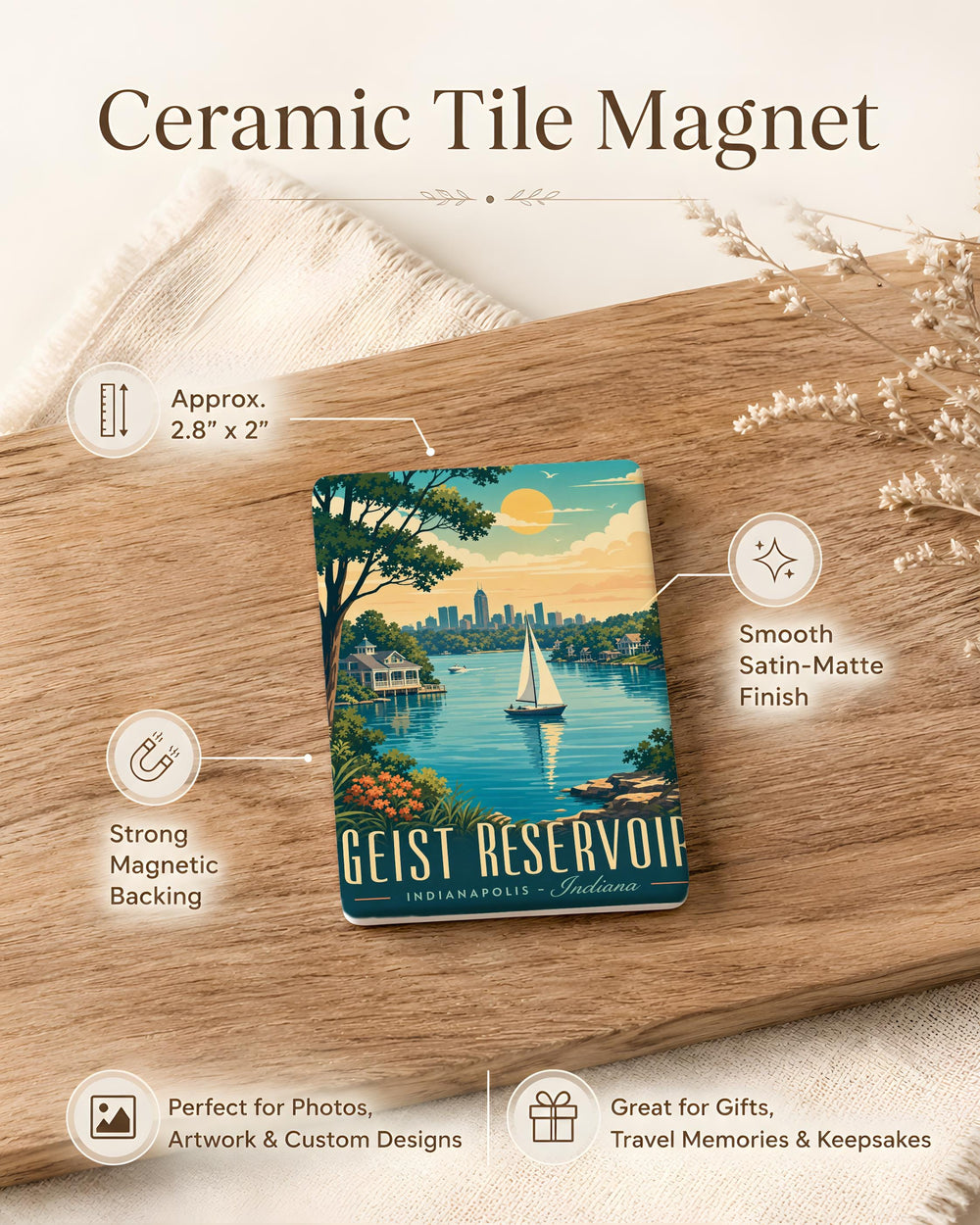Geist Reservoir Fridge Magnet, Indiana Lake Souvenir, Scenic Water View Magnet, Travel Keepsake Refrigerator Magnet