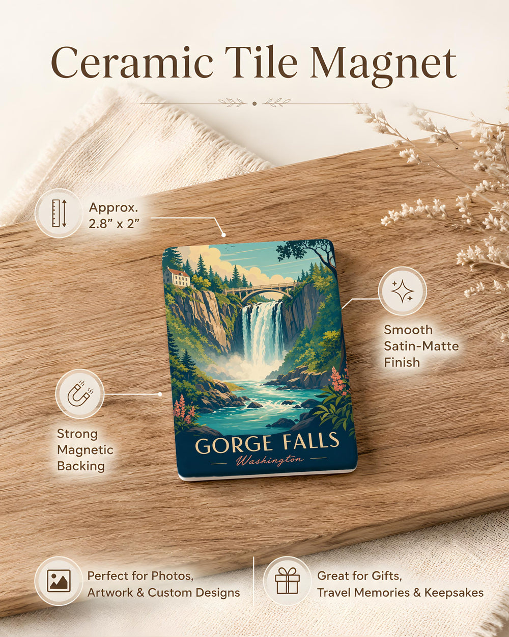 Gorge Falls Fridge Magnet, Waterfall Gorge Scenic Souvenir Magnet, Nature Landscape Refrigerator Magnet