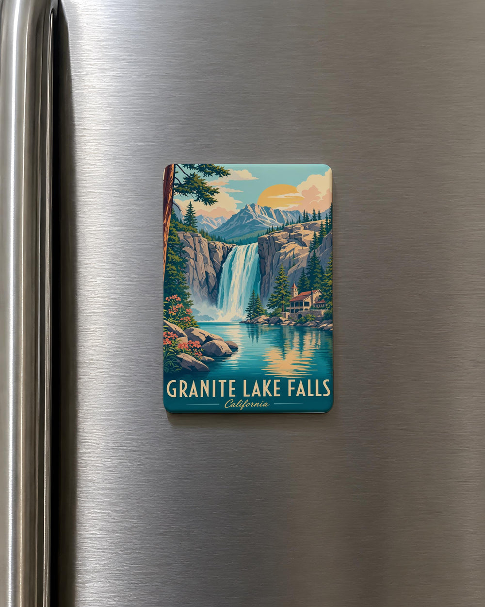 Granite Lake Falls Fridge Magnet, Waterfall and Mountain Lake Souvenir Magnet, Nature Travel Keepsake Gift