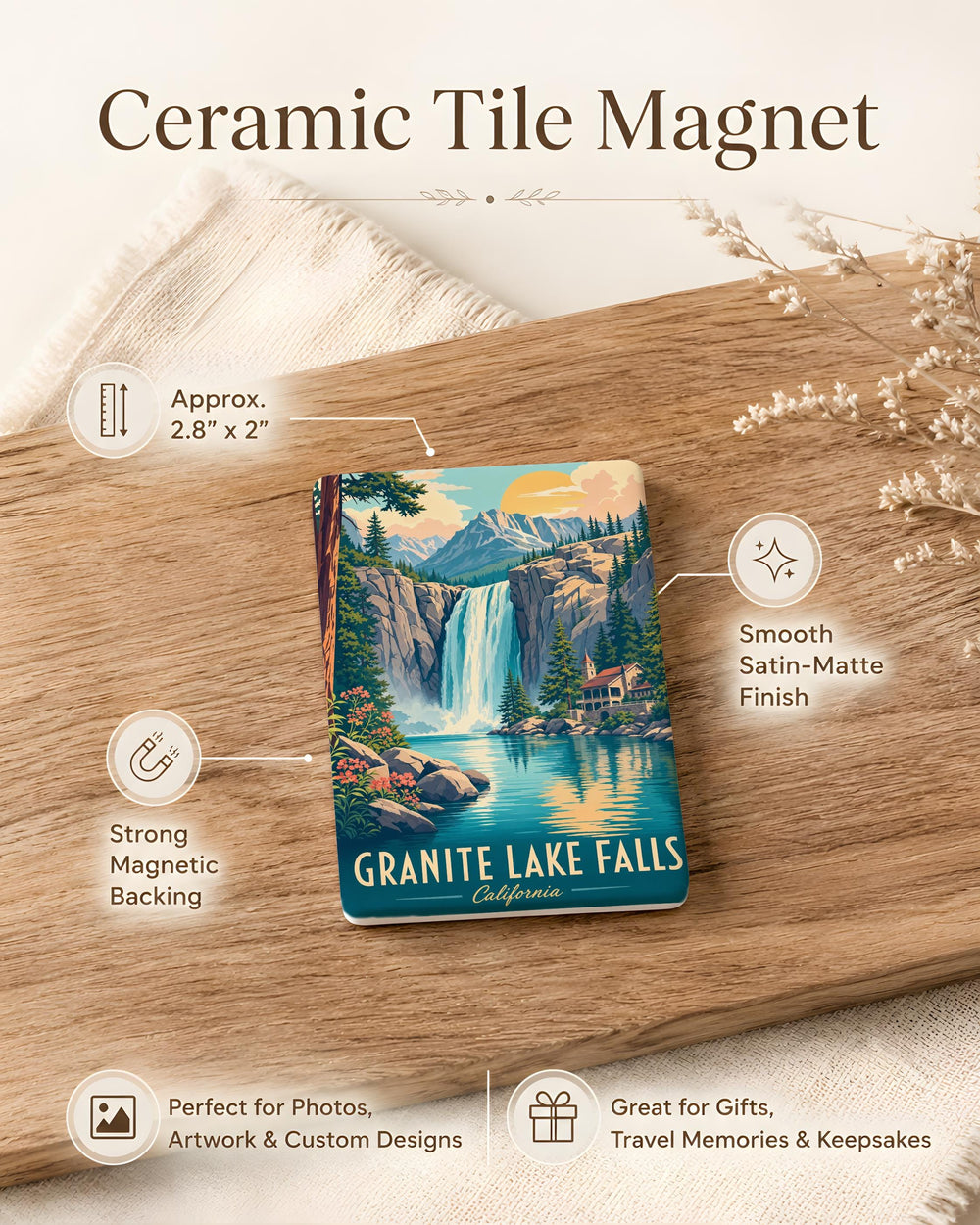 Granite Lake Falls Fridge Magnet, Waterfall and Mountain Lake Souvenir Magnet, Nature Travel Keepsake Gift